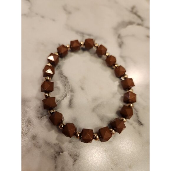 Brown Geometric Beaded Stretch Bracelet With Gold Accents - Picture 1 of 3